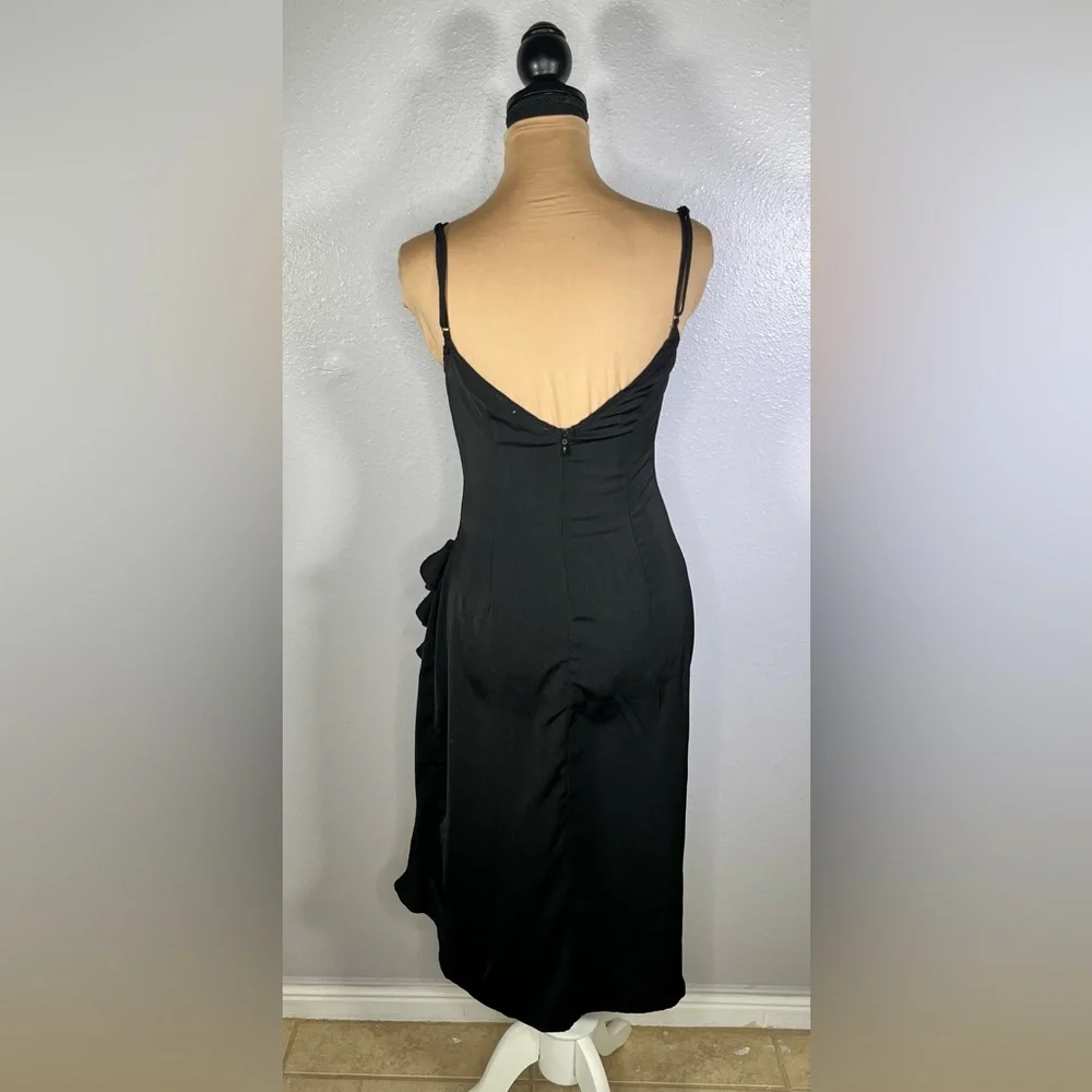 Revolve Black ruffle asymmetrical hem high slit Midi Dress S cocktail datenight - Picture 10 of 15